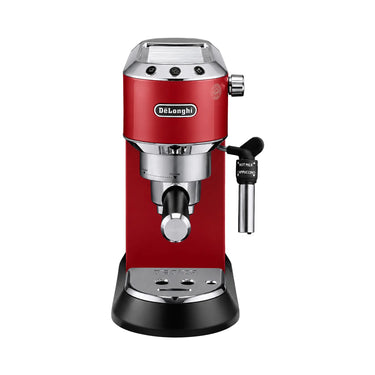 Vista frontal de la cafetera semiautomática Delonghi Dedica Style color rojo