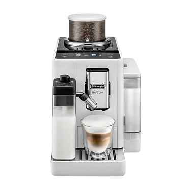 Vista frontal de la cafetera superautomática Delonghi Rivelia color blanco