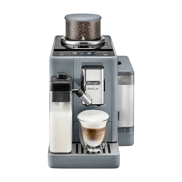 Vista frontal de la cafetera superautomática Delonghi Rivelia color gris