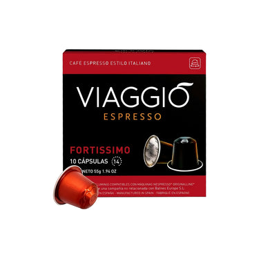 Vista frontal de Viaggio Fortissimo 10 cápsulas compatibles con Nespresso