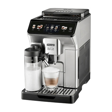 Vista lateral de la cafetera superautomática Delonghi Eletta Explore con vaporizador automático de leche en color negro